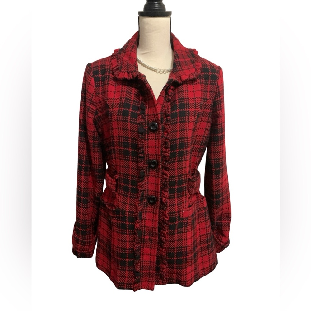 Love black and red plaid ruffled coat sz L
